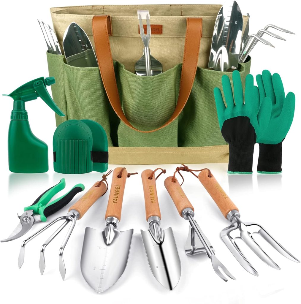 YAUNGEL Ensemble d'Outils de Jardinage, 10 Pièces en Acier Inoxydable à Usage intensif avec poignée en Bois antidérapante - Cadeaux pour Les Femmes et Les Hommes